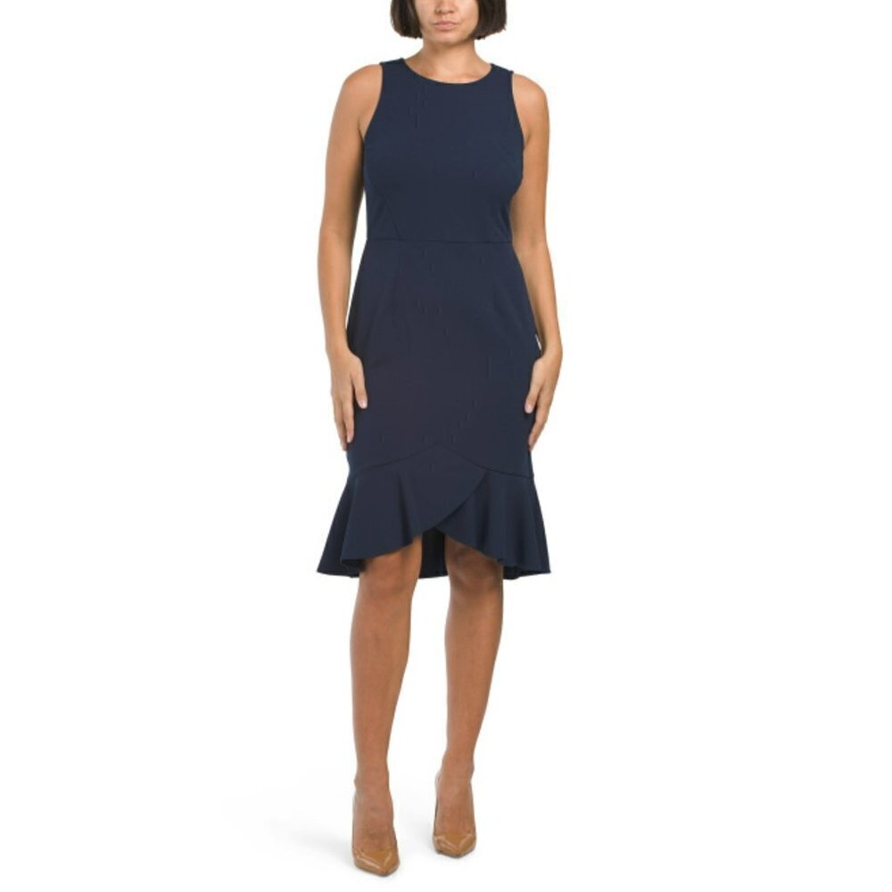 NWT London Times Women's Scuba Crepe Ruffle Hi-low Hem Midi Dress